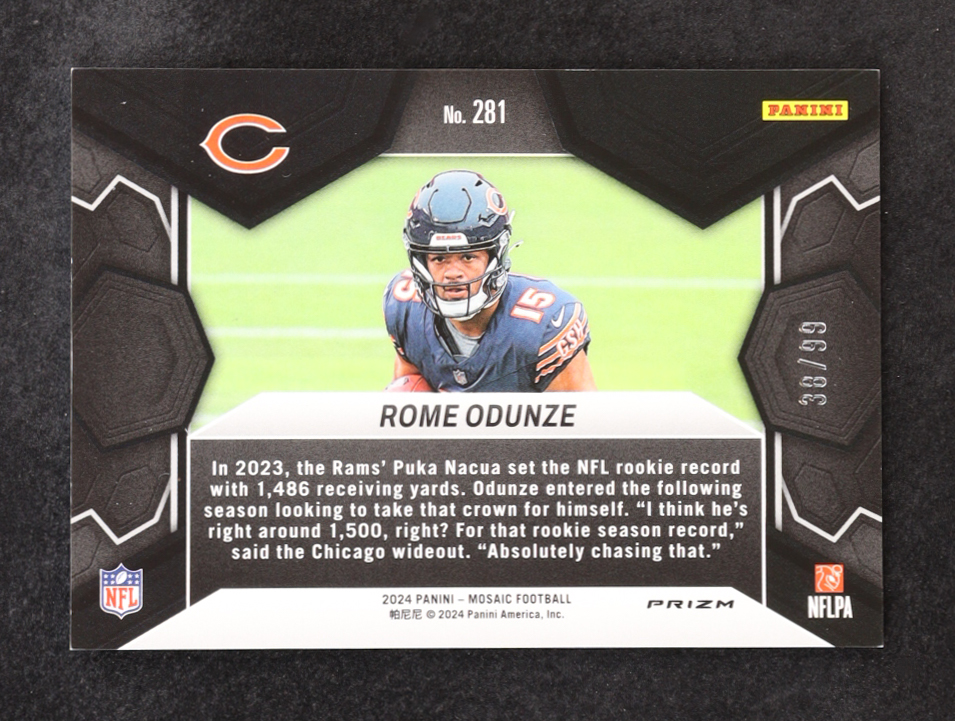 Rome Odunze 2024 Panini Mosaic Mosaic Blue #281 DEB RC #38/99 at PristineAuction.com Rome Odunze 2024 Panini Mosaic Mosaic Blue #281 DEB RC #38/99 at PristineAuction.com