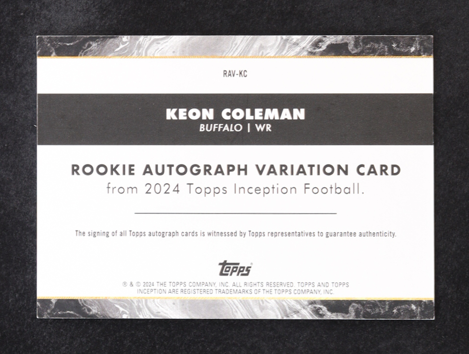 Keon Coleman 2024 Topps Inception Rookie Variation Autographs Purple #RAVKC RC #110/125 at PristineAuction.com Keon Coleman 2024 Topps Inception Rookie Variation Autographs Purple #RAVKC RC #110/125 at PristineAuction.com