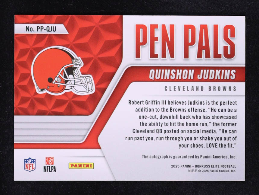 Quinshon Judkins 2025 Elite Pen Pals #21 RC at PristineAuction.com Quinshon Judkins 2025 Elite Pen Pals #21 RC at PristineAuction.com