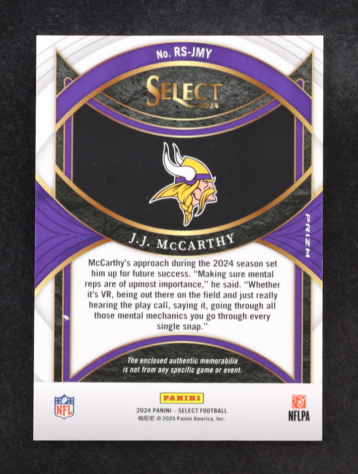 JJ McCarthy 2024 Select Rookie Swatches Prizm Red #15 RC at PristineAuction.com JJ McCarthy 2024 Select Rookie Swatches Prizm Red #15 RC at PristineAuction.com