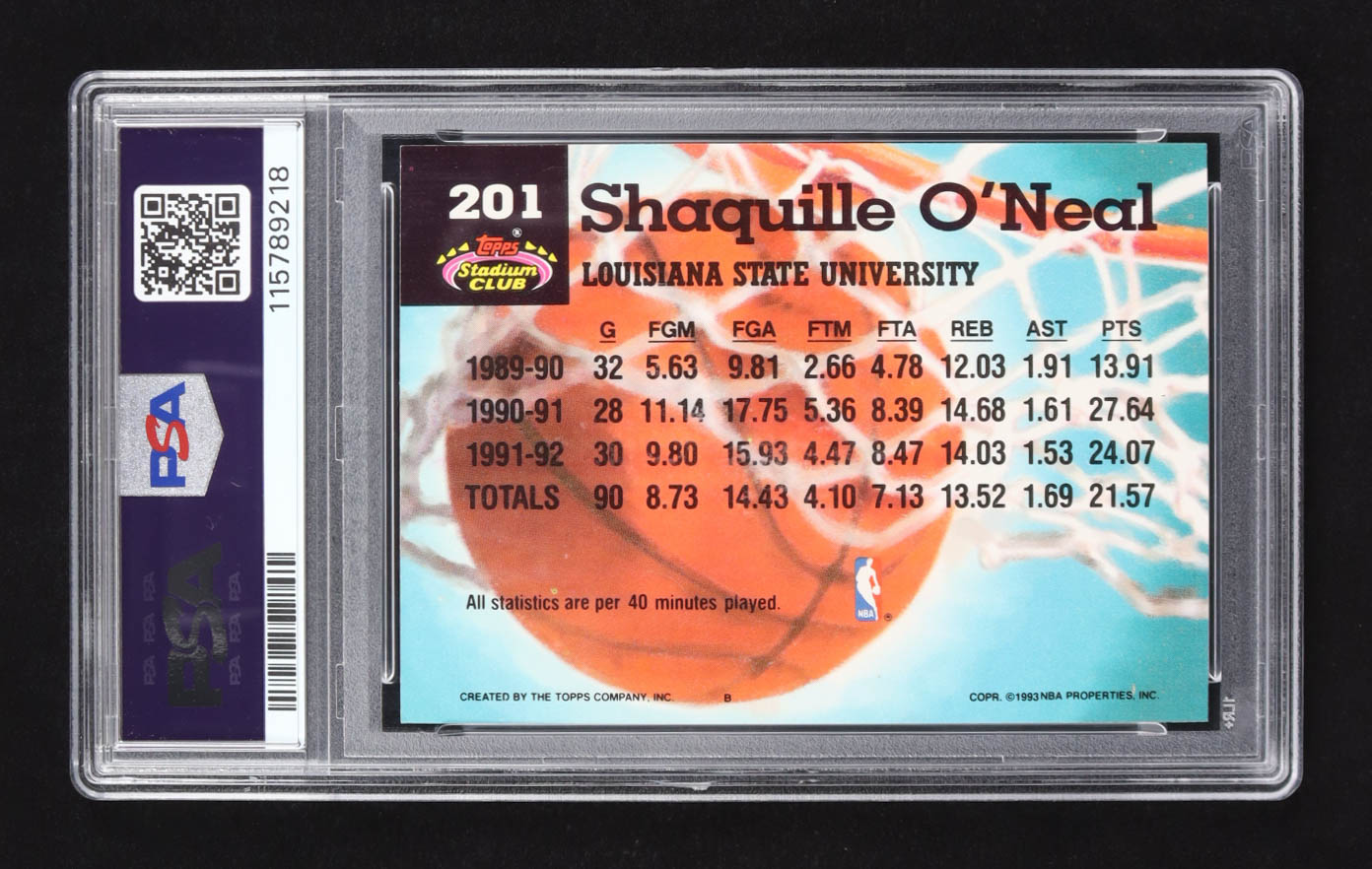 Shaquille O'Neal 1992 Topps Stadium Club #201 RC (PSA 9) at PristineAuction.com Shaquille O'Neal 1992 Topps Stadium Club #201 RC (PSA 9) at PristineAuction.com