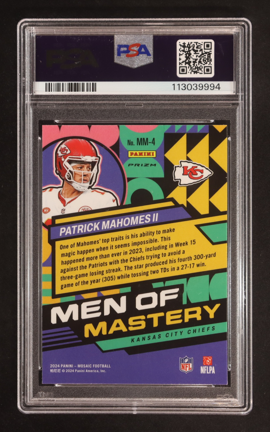 Patrick Mahomes II 2024 Panini Mosaic Men of Mastery No Huddle Silver #4 (PSA 9) at PristineAuction.com Patrick Mahomes II 2024 Panini Mosaic Men of Mastery No Huddle Silver #4 (PSA 9) at PristineAuction.com