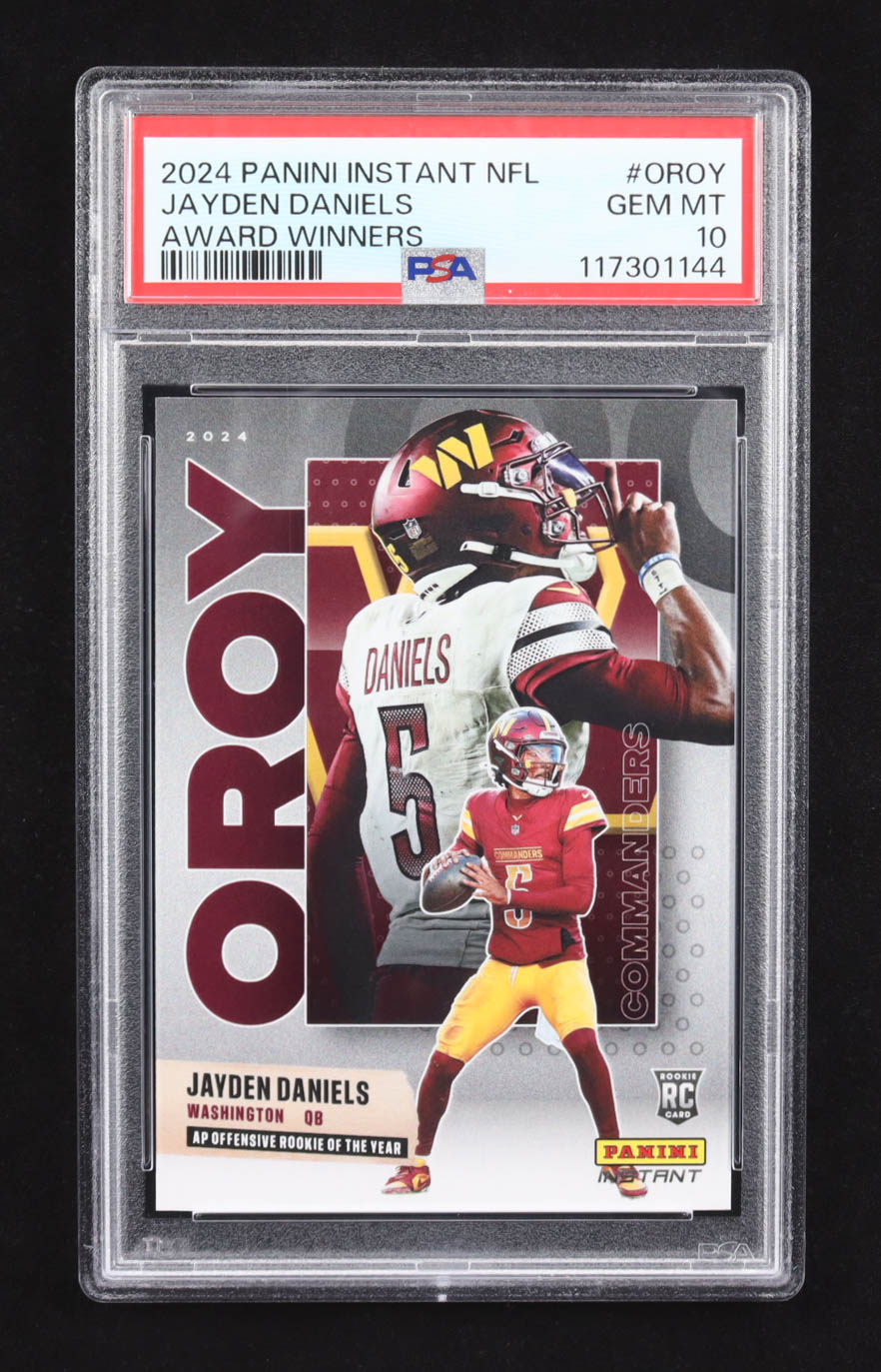 Jayden Daniels 2024 Panini Instant NFL Award Winners #AW-OROY RC #1/10479 (PSA 10) at PristineAuction.com Jayden Daniels 2024 Panini Instant NFL Award Winners #AW-OROY RC #1/10479 (PSA 10) at PristineAuction.com