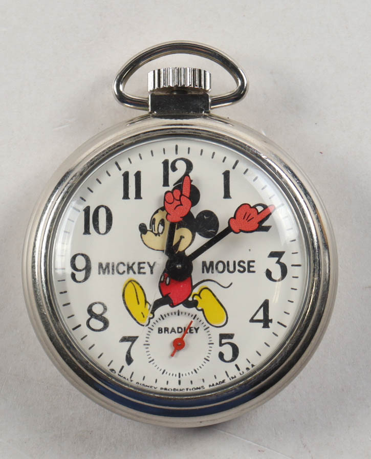 1970 Walt Disney Mickey Mouse Pocket Watch with Cherry Wood Display Case at PristineAuction.com 1970 Walt Disney Mickey Mouse Pocket Watch with Cherry Wood Display Case at PristineAuction.com