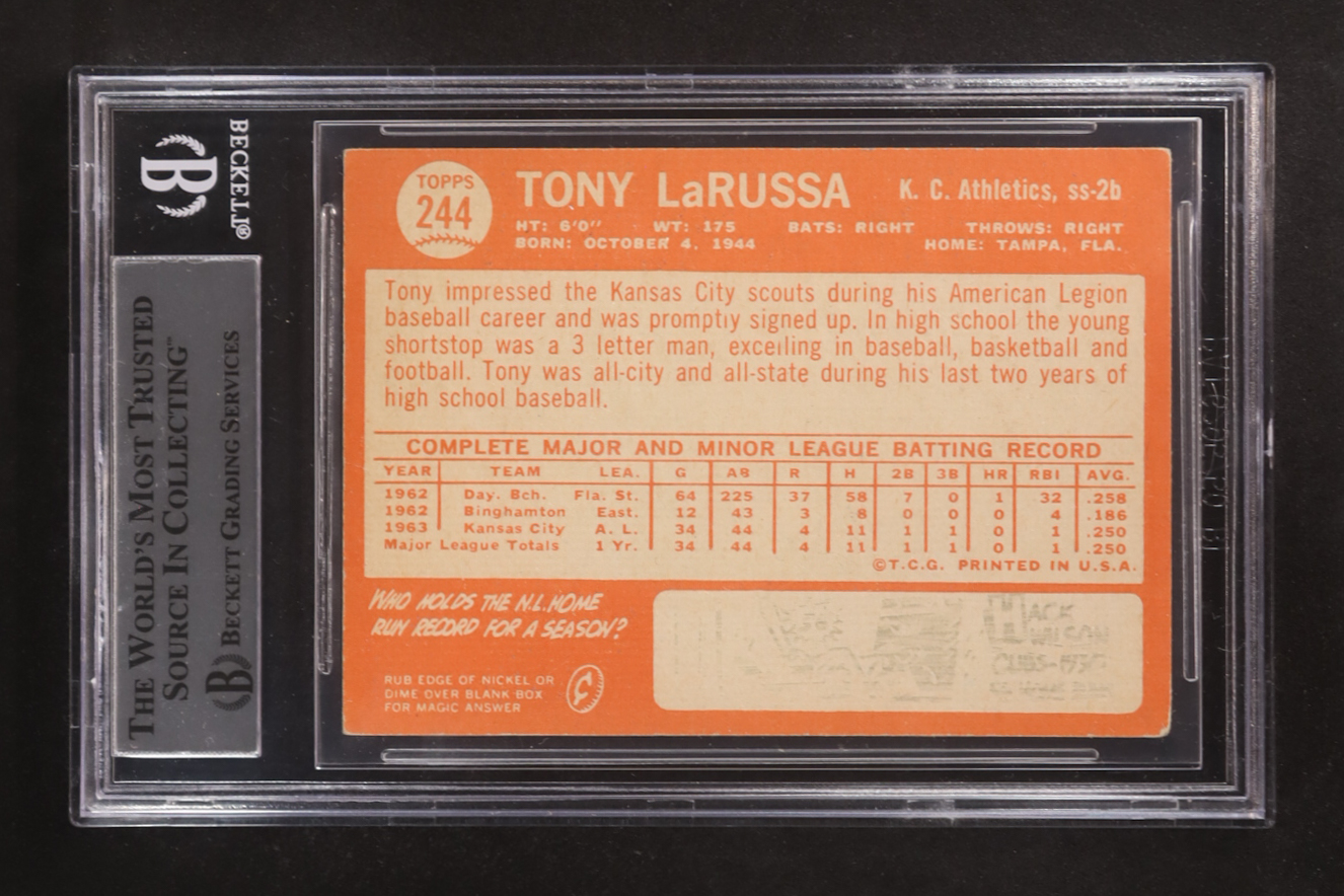 Tony LaRussa Signed 1964 Topps #244 RC (BGS) at PristineAuction.com Tony LaRussa Signed 1964 Topps #244 RC (BGS) at PristineAuction.com