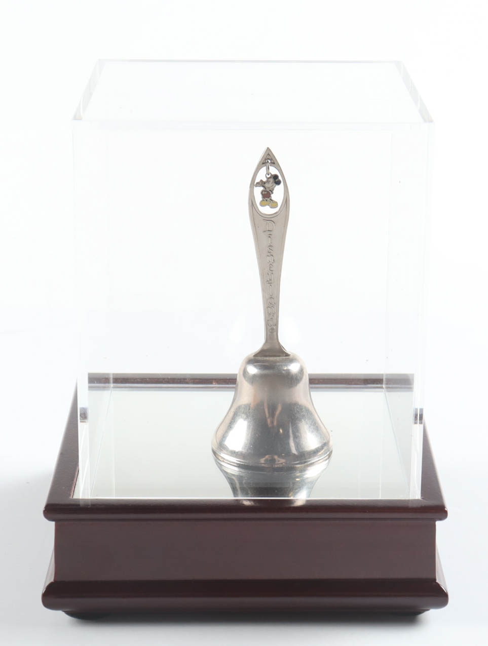 1960 Walt Disney Vintage Mickey Mouse Dinner Bell with Cherry Wood Display Case at PristineAuction.com 1960 Walt Disney Vintage Mickey Mouse Dinner Bell with Cherry Wood Display Case at PristineAuction.com