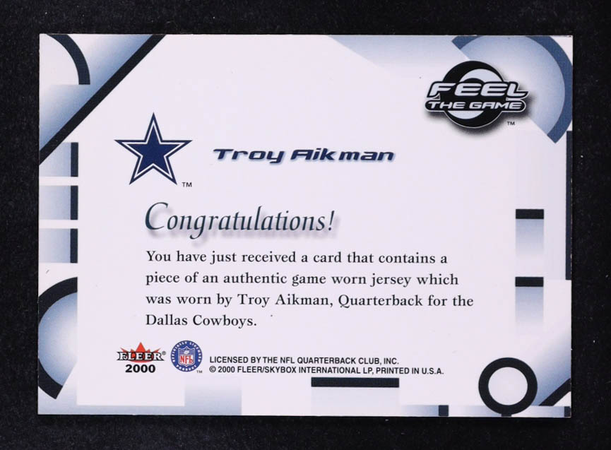 Troy Aikman 2000 Fleer Tradition Feel the Game #2 Blue at PristineAuction.com Troy Aikman 2000 Fleer Tradition Feel the Game #2 Blue at PristineAuction.com