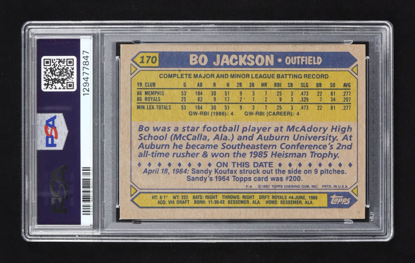 Bo Jackson 1987 Topps Future Stars #170 RC (PSA 9) at PristineAuction.com Bo Jackson 1987 Topps Future Stars #170 RC (PSA 9) at PristineAuction.com