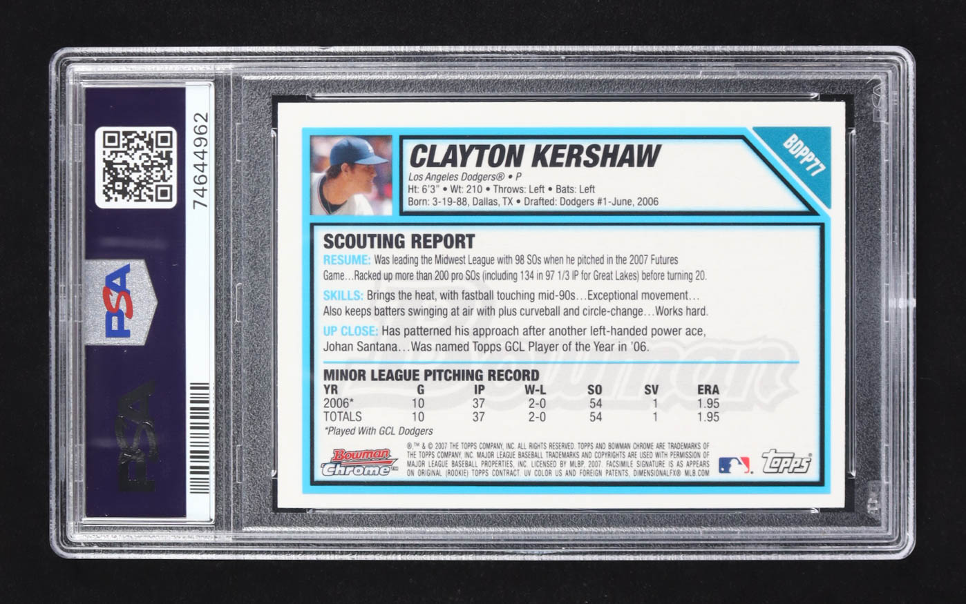 Clayton Kershaw 2007 Bowman Chrome Draft Picks & Prospects Auto #BDPP77 RC (PSA 9) at PristineAuction.com Clayton Kershaw 2007 Bowman Chrome Draft Picks & Prospects Auto #BDPP77 RC (PSA 9) at PristineAuction.com
