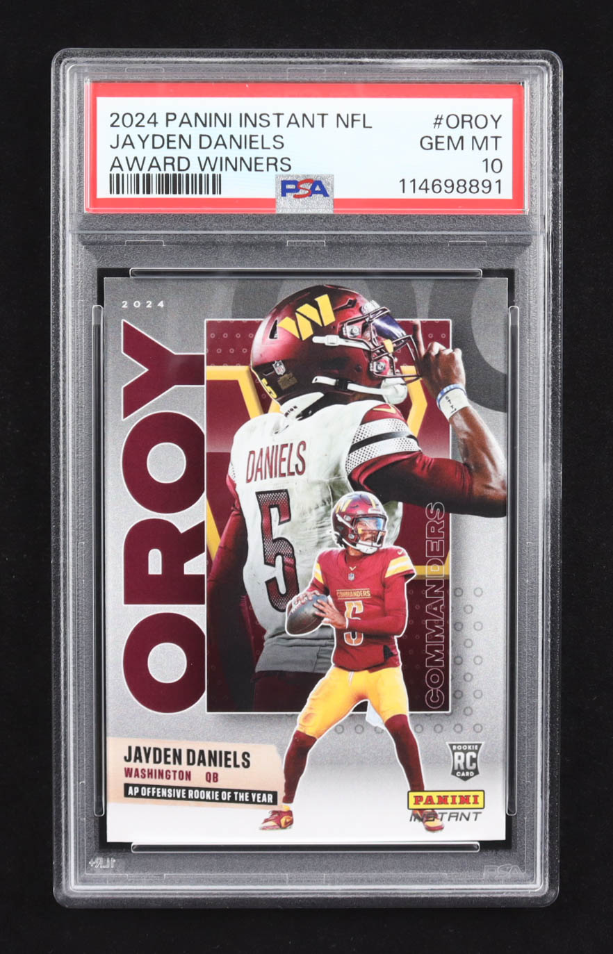 Jayden Daniels 2024 Panini Instant NFL Award Winners #AW-OROY RC #1/10479 (PSA 10) at PristineAuction.com Jayden Daniels 2024 Panini Instant NFL Award Winners #AW-OROY RC #1/10479 (PSA 10) at PristineAuction.com