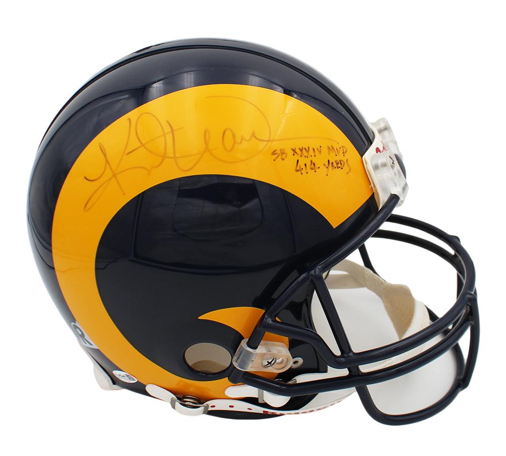 Kurt Warner Signed Rams Full-Size Authentic On-Field VSR4 Helmet Inscribed "SB MVP, 414 Yds" (JSA) at PristineAuction.com Kurt Warner Signed Rams Full-Size Authentic On-Field VSR4 Helmet Inscribed "SB MVP, 414 Yds" (JSA) at PristineAuction.com