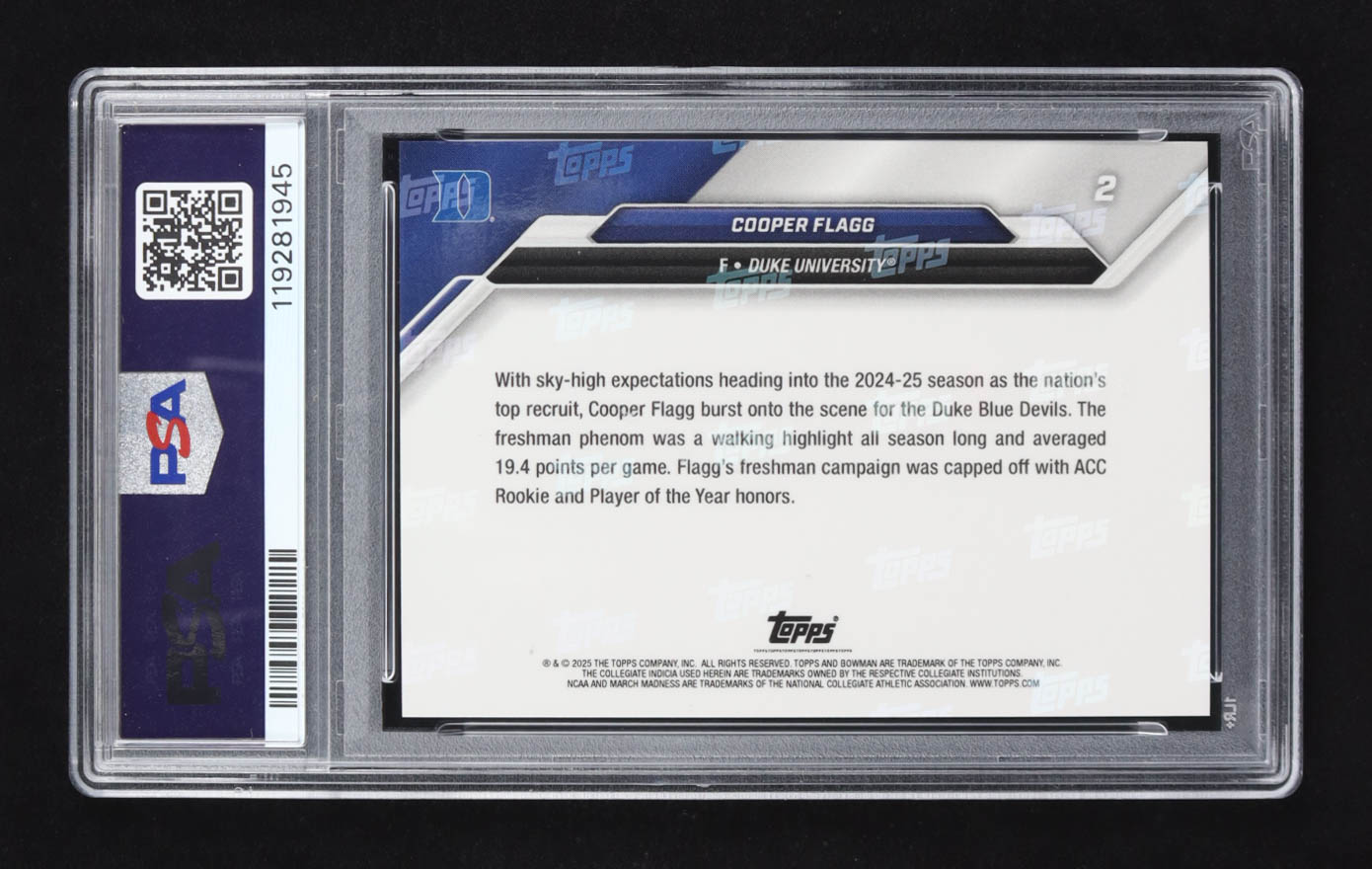 Cooper Flagg 2025 Bowman University Now March Madness #2 RC (PSA 10) at PristineAuction.com Cooper Flagg 2025 Bowman University Now March Madness #2 RC (PSA 10) at PristineAuction.com