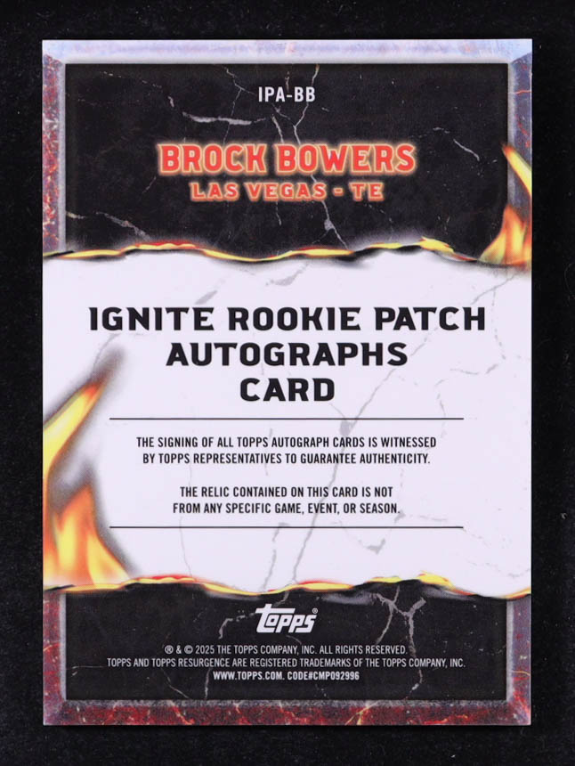 Brock Bowers 2024 Topps Resurgence Ignite Rookie Patch Autographs White Surge #IPABB RC #53/125 at PristineAuction.com Brock Bowers 2024 Topps Resurgence Ignite Rookie Patch Autographs White Surge #IPABB RC #53/125 at PristineAuction.com