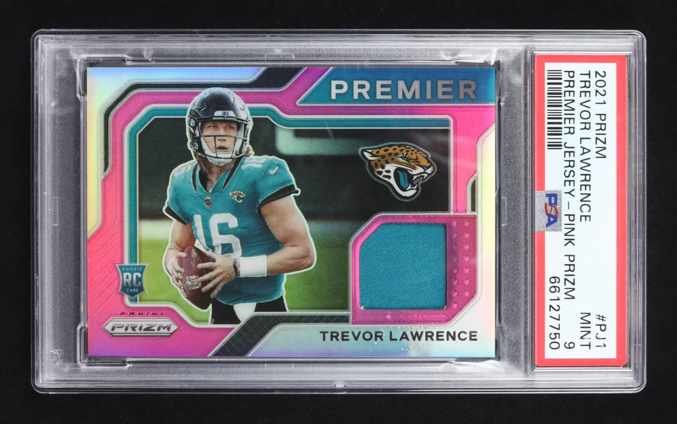 Trevor Lawrence 2021 Panini Prizm Premier Jersey Pink Prizm #PJ-1 RC (PSA 9) at PristineAuction.com Trevor Lawrence 2021 Panini Prizm Premier Jersey Pink Prizm #PJ-1 RC (PSA 9) at PristineAuction.com