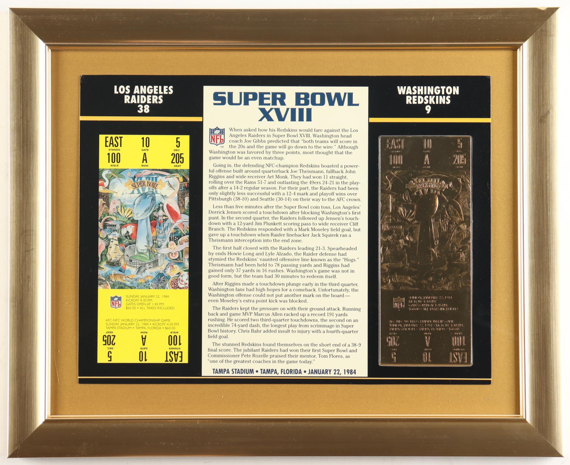 Custom Framed Super Bowl XVIII Commemorative Score Card with 23KT Gold Ticket Framed Display at PristineAuction.com Custom Framed Super Bowl XVIII Commemorative Score Card with 23KT Gold Ticket Framed Display at PristineAuction.com