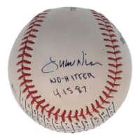 Juan Nieves Signed OML Baseball Inscribed "No Hitter 4-15-87" with Hand-Drawn Box Score (Beckett) at PristineAuction.com