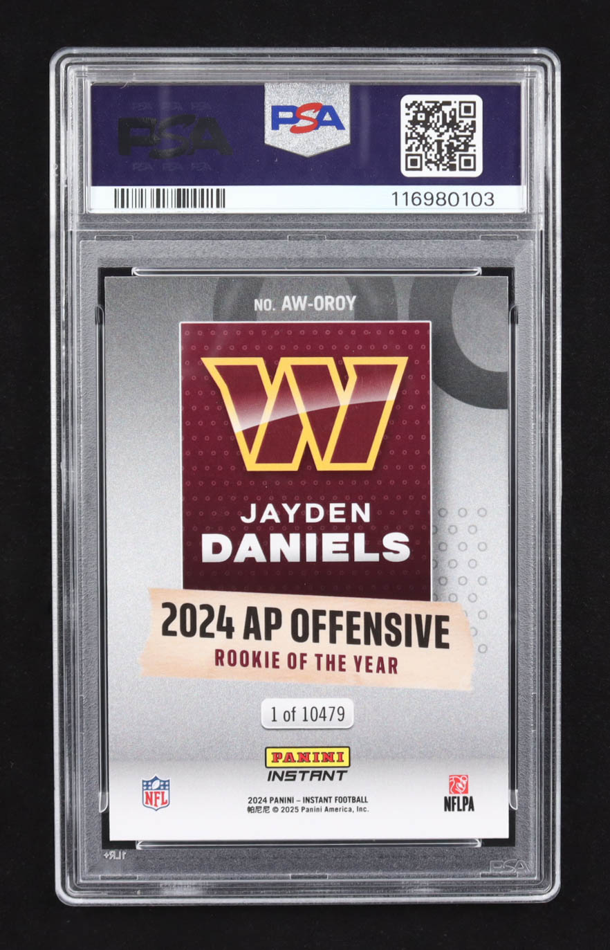 Jayden Daniels 2024 Panini Instant NFL Award Winners #AW-OROY RC #1/10479 (PSA 10) at PristineAuction.com Jayden Daniels 2024 Panini Instant NFL Award Winners #AW-OROY RC #1/10479 (PSA 10) at PristineAuction.com