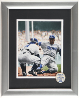1955 "Jackie Robinson Sliding Home at the World Series Colorized" Custom Framed Photo Display with Brooklyn Dodgers Lapel Pin at PristineAuction.com