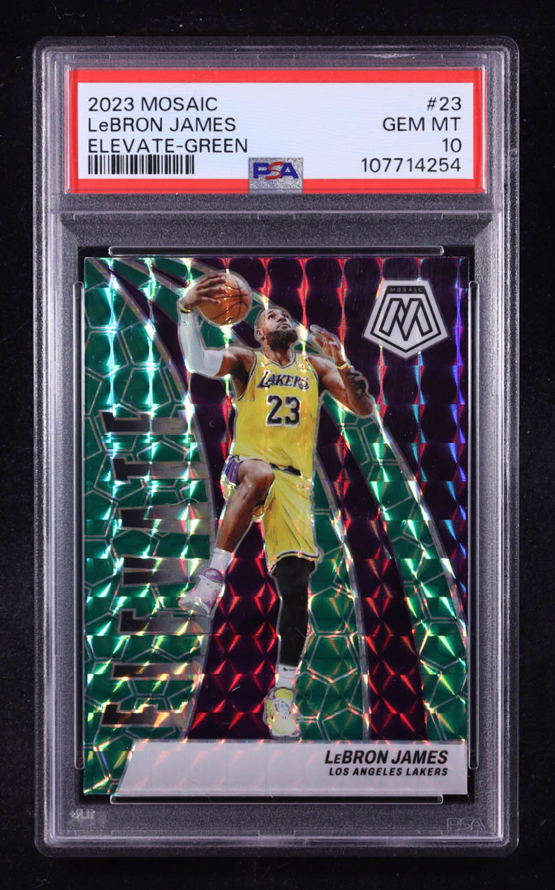 LeBron James 2023-24 Panini Mosaic Elevate Mosaic Green #23 (PSA 10) at PristineAuction.com LeBron James 2023-24 Panini Mosaic Elevate Mosaic Green #23 (PSA 10) at PristineAuction.com