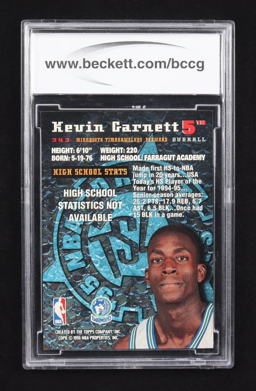Kevin Garnett 1995-96 Topps Stadium Club #346 RC (BCCG 10) at PristineAuction.com Kevin Garnett 1995-96 Topps Stadium Club #346 RC (BCCG 10) at PristineAuction.com