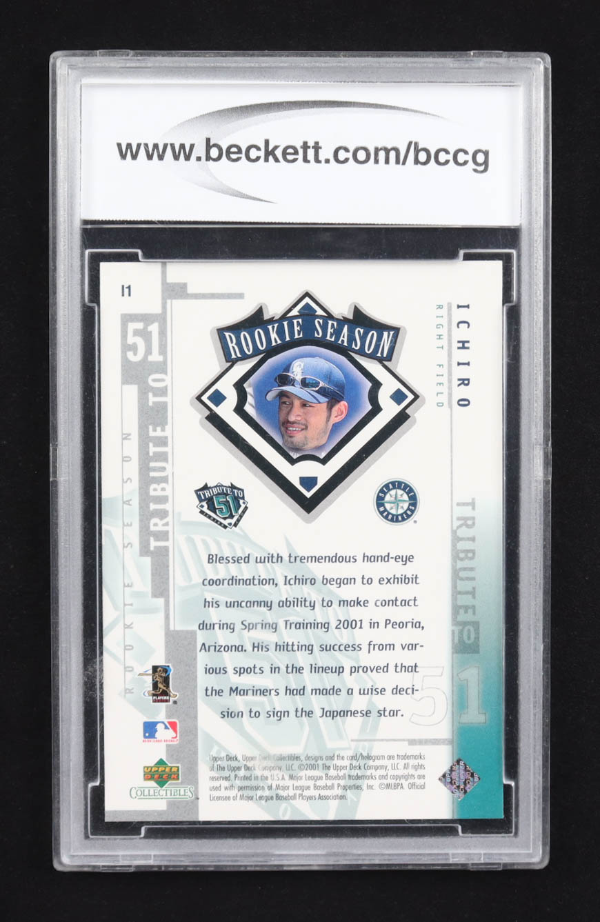 Ichiro Suzuki 2001 Upper Deck Collectibles Ichiro Tributes to 51 #I1 RC (BCCG 10) at PristineAuction.com Ichiro Suzuki 2001 Upper Deck Collectibles Ichiro Tributes to 51 #I1 RC (BCCG 10) at PristineAuction.com
