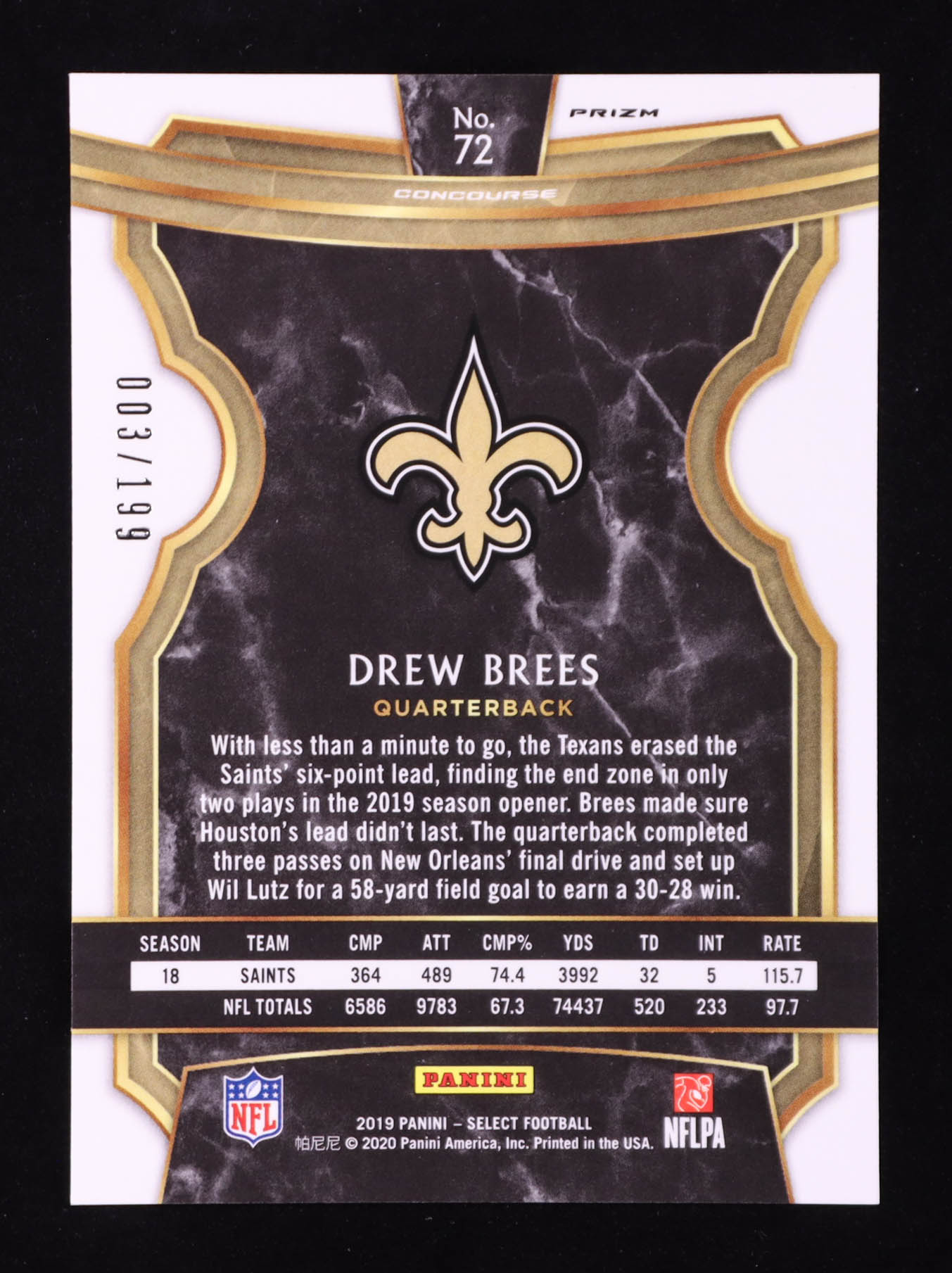 Drew Brees 2019 Select Prizm Tri Color #72 #3/199 at PristineAuction.com Drew Brees 2019 Select Prizm Tri Color #72 #3/199 at PristineAuction.com
