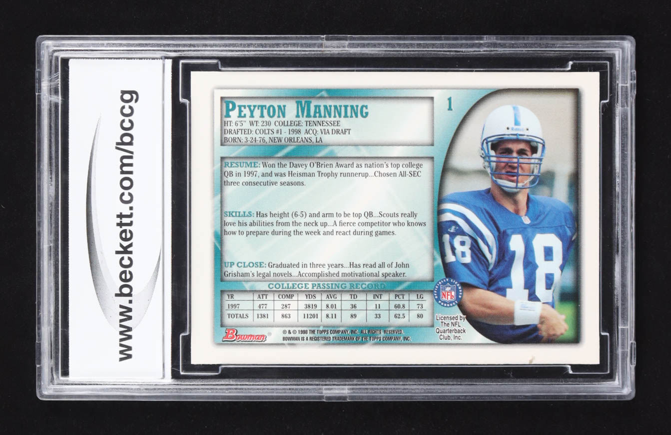 Peyton Manning 1998 Bowman #1 RC (BCCG 10) at PristineAuction.com Peyton Manning 1998 Bowman #1 RC (BCCG 10) at PristineAuction.com
