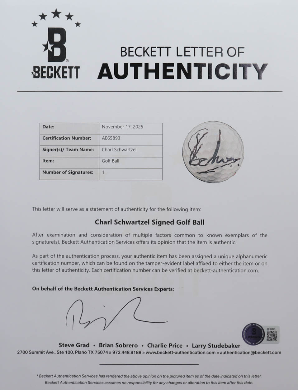 Charl Schwartzel Signed Masters Logo Golf Ball (Beckett) at PristineAuction.com Charl Schwartzel Signed Masters Logo Golf Ball (Beckett) at PristineAuction.com