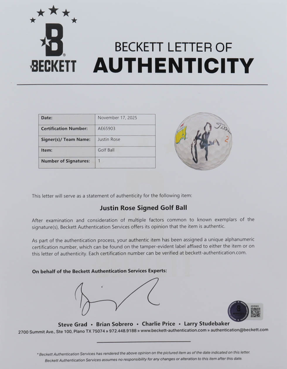 Justin Rose Signed Masters Logo Golf Ball (Beckett) at PristineAuction.com Justin Rose Signed Masters Logo Golf Ball (Beckett) at PristineAuction.com