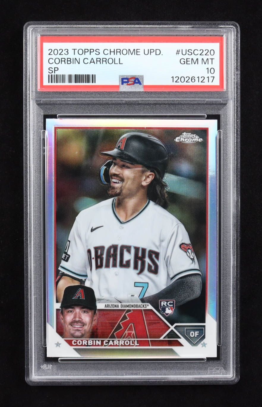 Corbin Carroll 2023 Topps Chrome Update Photo Variations #USC220 SP RC (PSA 10) at PristineAuction.com Corbin Carroll 2023 Topps Chrome Update Photo Variations #USC220 SP RC (PSA 10) at PristineAuction.com