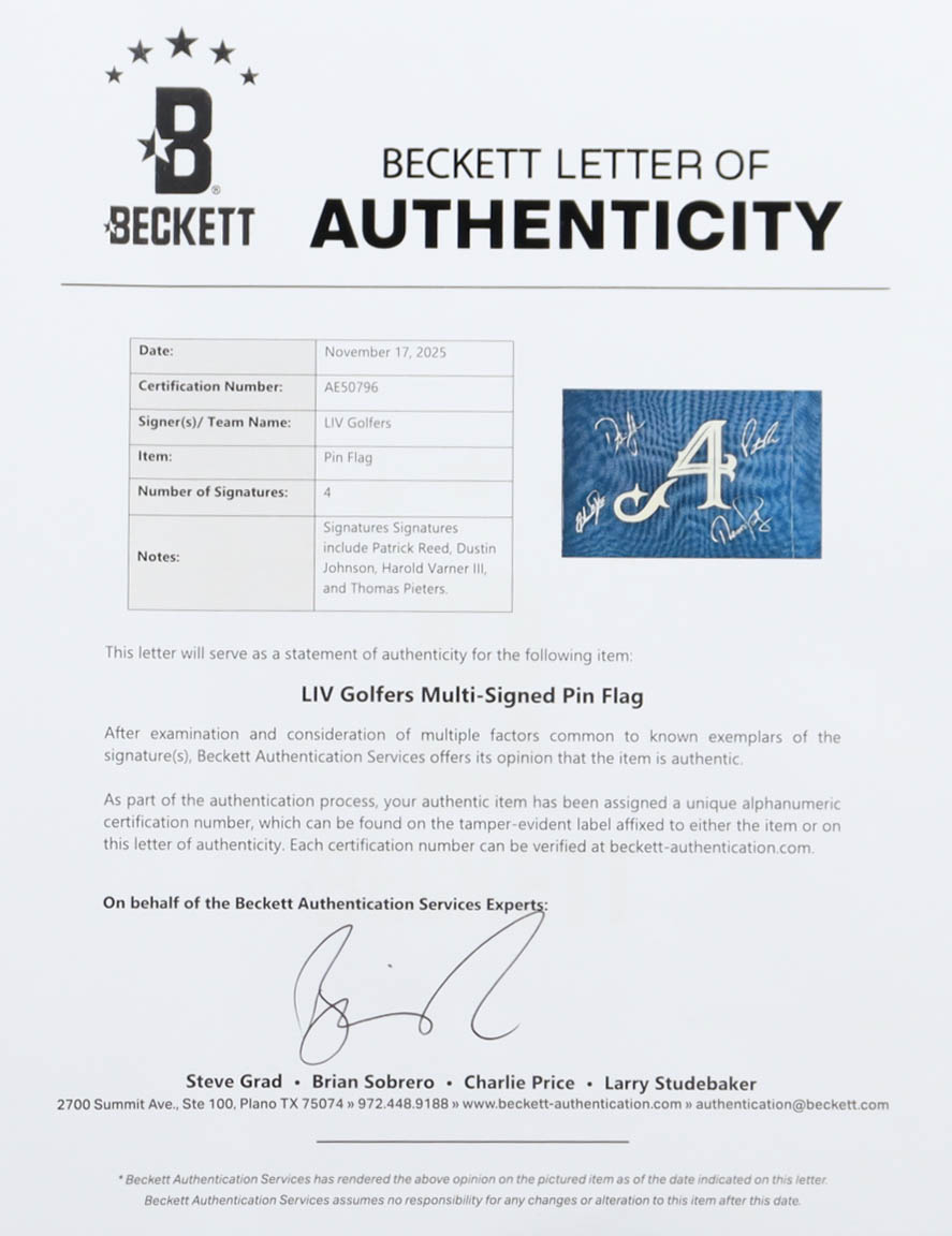 Team Signed 4Aces Golf Pin Flag With Patrick Reed, Dustin Johnson, Harold Varner III, Thomas Pieters (Beckett) at PristineAuction.com Team Signed 4Aces Golf Pin Flag With Patrick Reed, Dustin Johnson, Harold Varner III, Thomas Pieters (Beckett) at PristineAuction.com