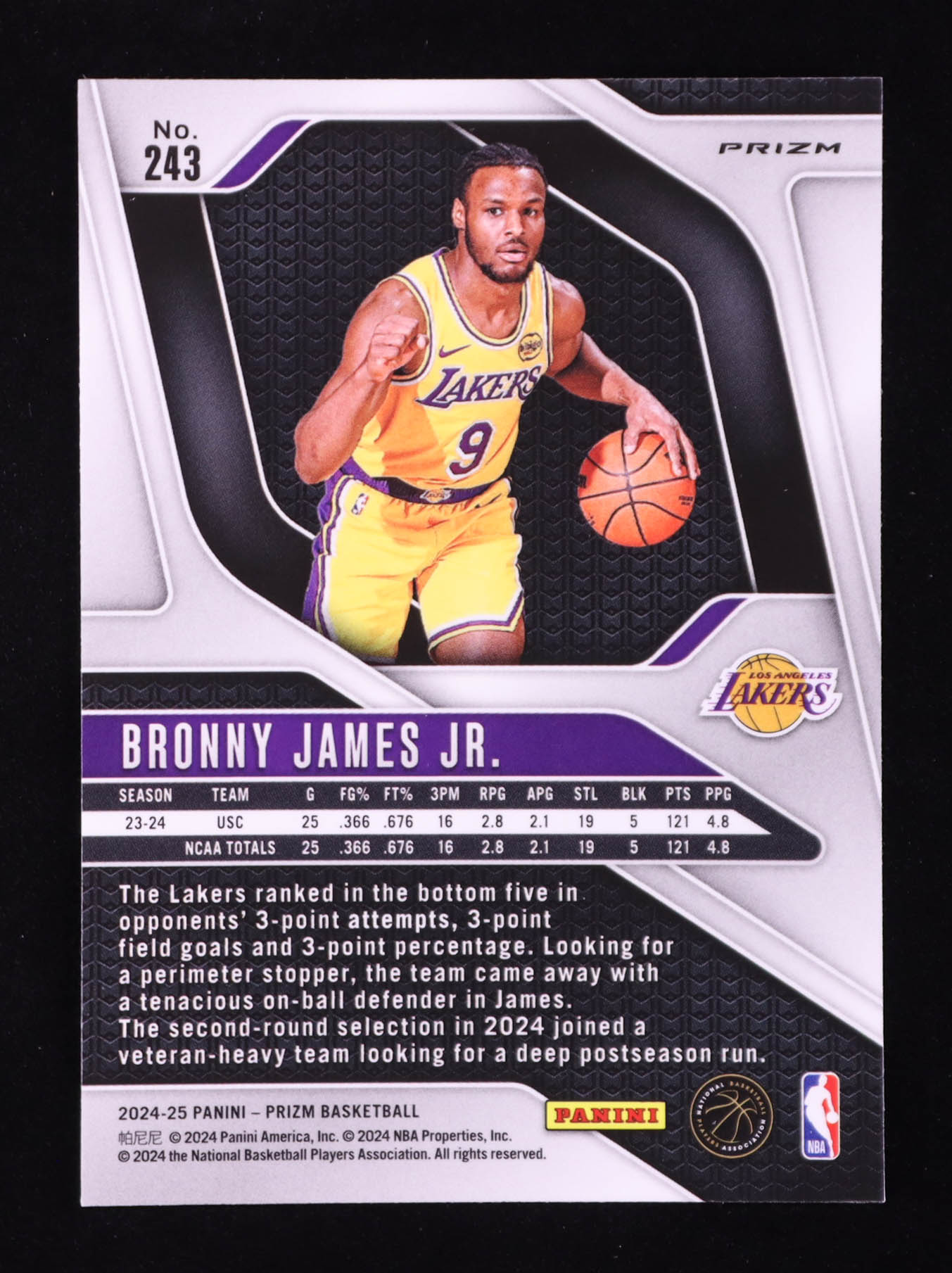 Bronny James Jr. 2024-25 Panini Prizm Prizms Pink Ice #243 RC at PristineAuction.com Bronny James Jr. 2024-25 Panini Prizm Prizms Pink Ice #243 RC at PristineAuction.com