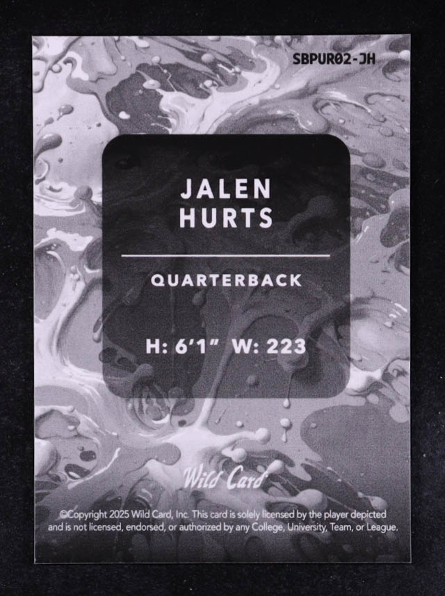 Jalen Hurts 2025 Wild Card Splat Background 2 Purple Lazer #SBPUR02-JH #2/2 at PristineAuction.com Jalen Hurts 2025 Wild Card Splat Background 2 Purple Lazer #SBPUR02-JH #2/2 at PristineAuction.com