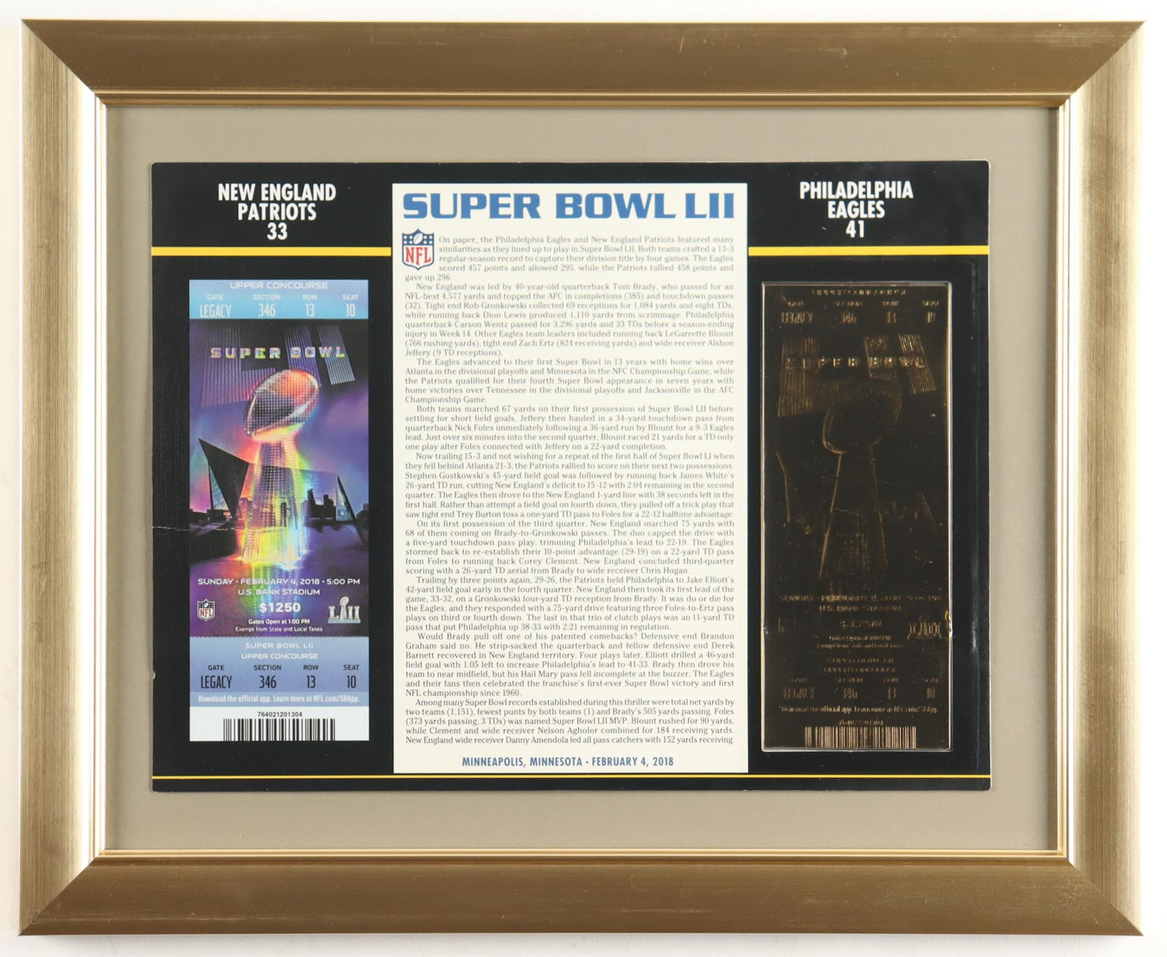 Custom Framed Super Bowl LII Commemorative Score Card with 23KT Gold Ticket Framed Display at PristineAuction.com Custom Framed Super Bowl LII Commemorative Score Card with 23KT Gold Ticket Framed Display at PristineAuction.com