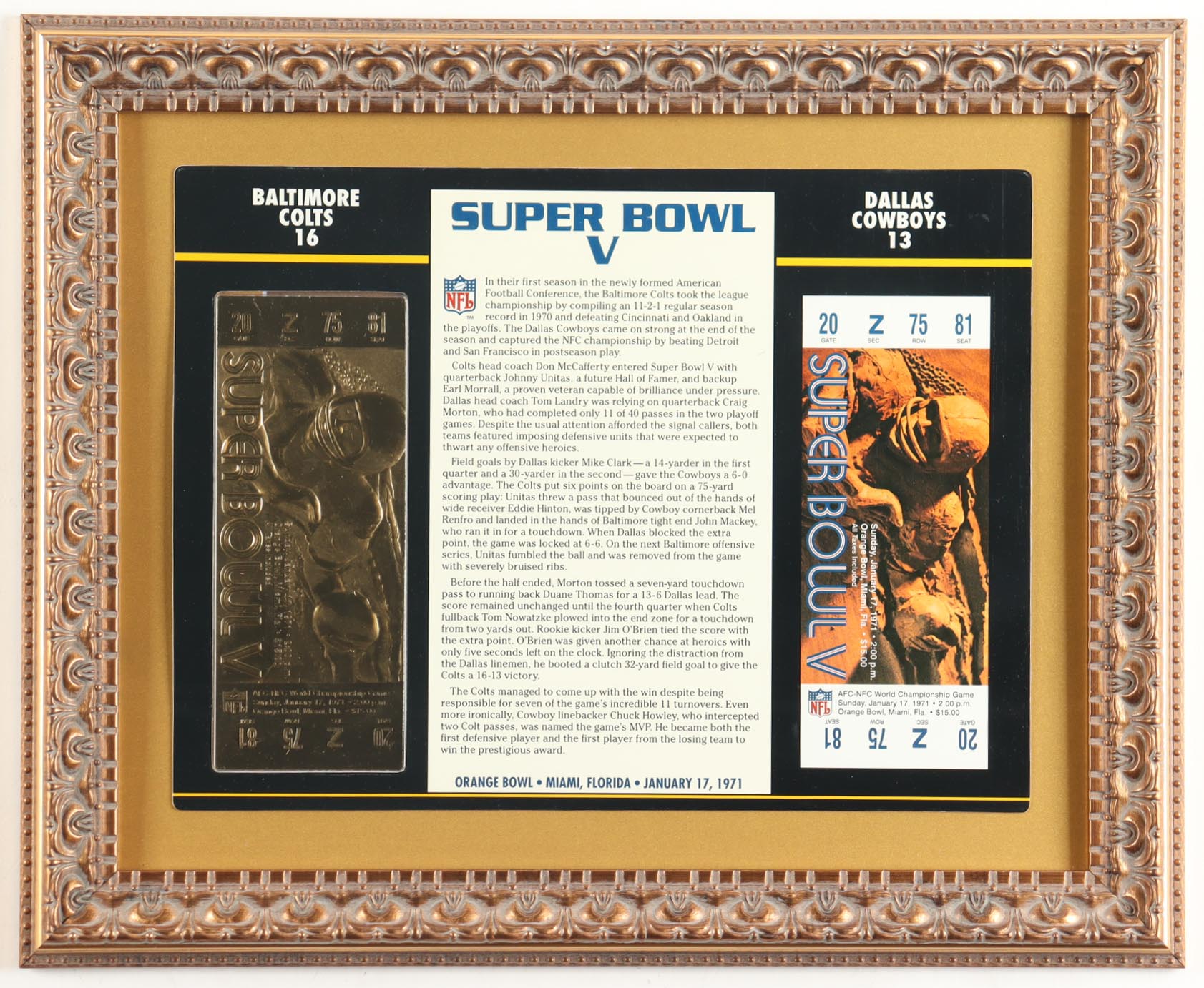Custom Framed Super Bowl V Commemorative Score Card with 23KT Gold Ticket Framed Display at PristineAuction.com Custom Framed Super Bowl V Commemorative Score Card with 23KT Gold Ticket Framed Display at PristineAuction.com