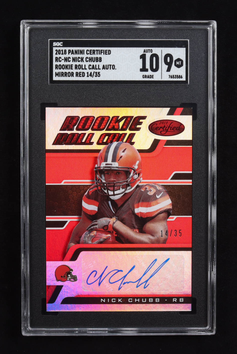 Nick Chubb 2018 Panini Certified Rookie Roll Call Autographs Mirror Red #RC-NC RC #14/35 (SGC 9 | Autograph Graded SGC 10) at PristineAuction.com Nick Chubb 2018 Panini Certified Rookie Roll Call Autographs Mirror Red #RC-NC RC #14/35 (SGC 9 | Autograph Graded SGC 10) at PristineAuction.com