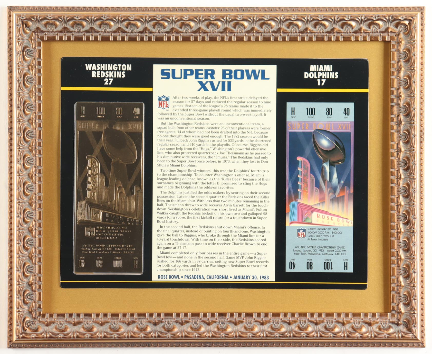 Custom Framed Super Bowl XVII Commemorative Score Card with 23KT Gold Ticket Framed Display at PristineAuction.com Custom Framed Super Bowl XVII Commemorative Score Card with 23KT Gold Ticket Framed Display at PristineAuction.com