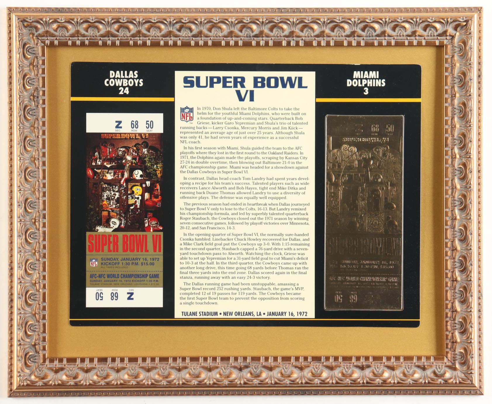 Custom Framed Super Bowl VI Commemorative Score Card with 23KT Gold Ticket Framed Display at PristineAuction.com Custom Framed Super Bowl VI Commemorative Score Card with 23KT Gold Ticket Framed Display at PristineAuction.com