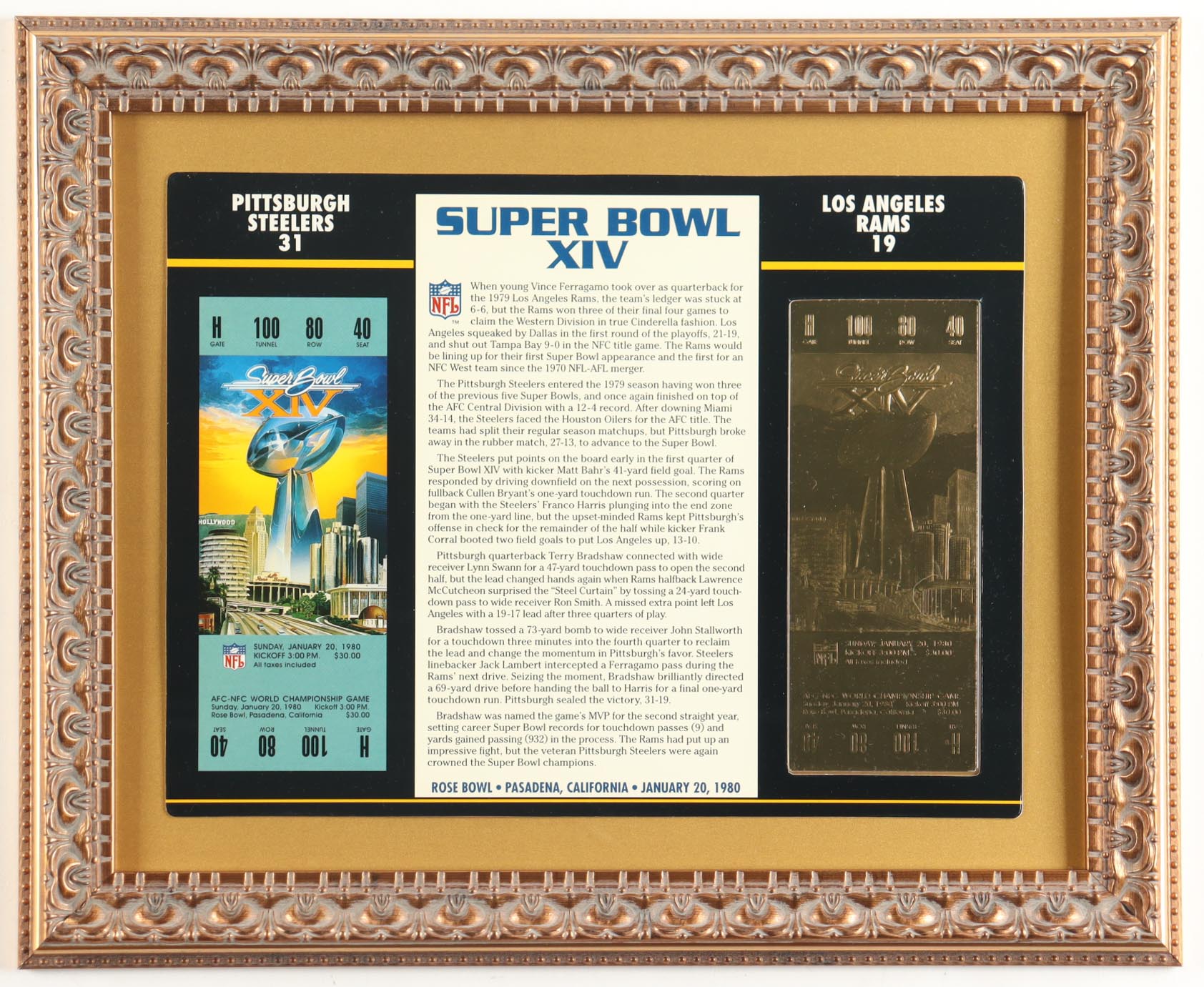 Custom Framed Super Bowl XIV Commemorative Score Card with 23KT Gold Ticket Framed Display at PristineAuction.com Custom Framed Super Bowl XIV Commemorative Score Card with 23KT Gold Ticket Framed Display at PristineAuction.com