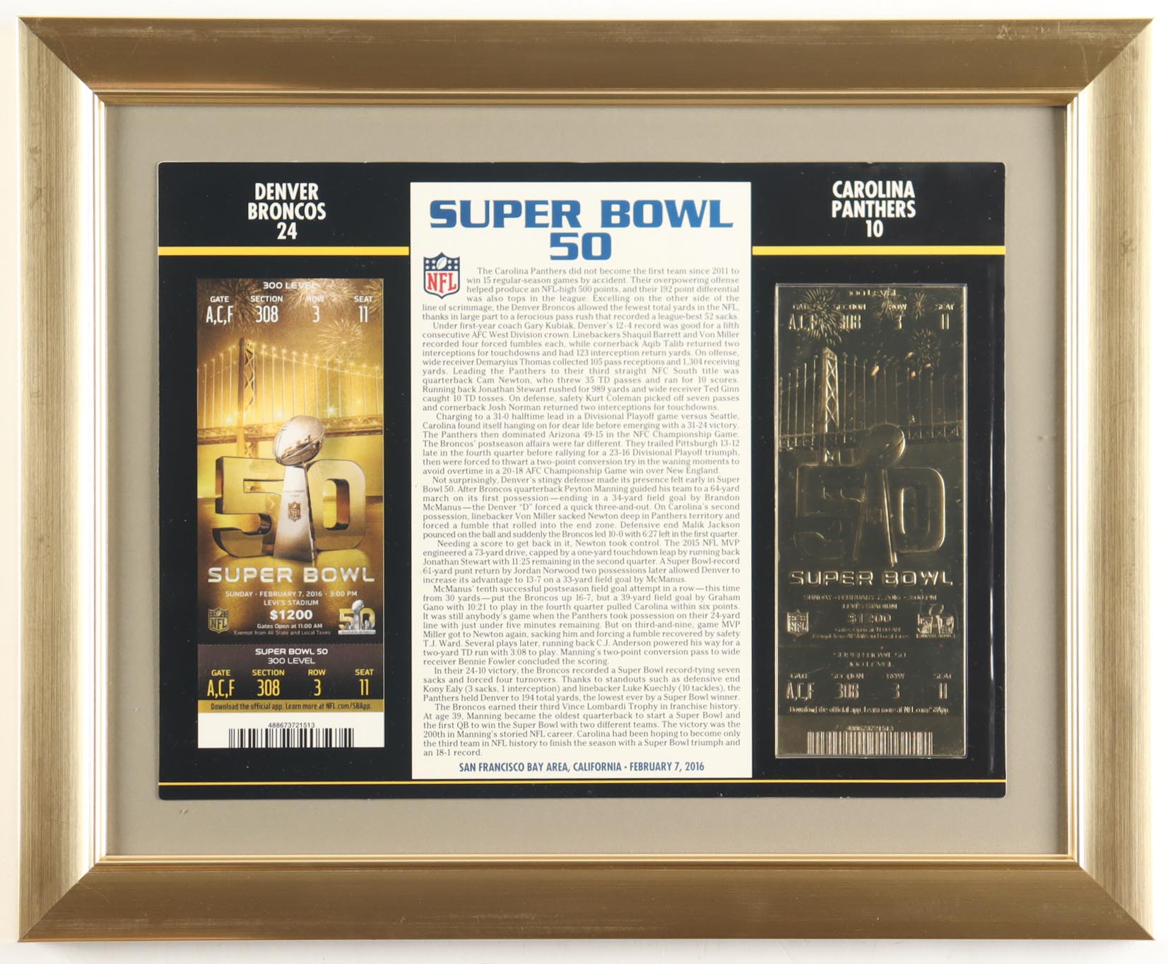 Custom Framed Super Bowl 50 Commemorative Score Card with 23KT Gold Ticket Framed Display at PristineAuction.com Custom Framed Super Bowl 50 Commemorative Score Card with 23KT Gold Ticket Framed Display at PristineAuction.com
