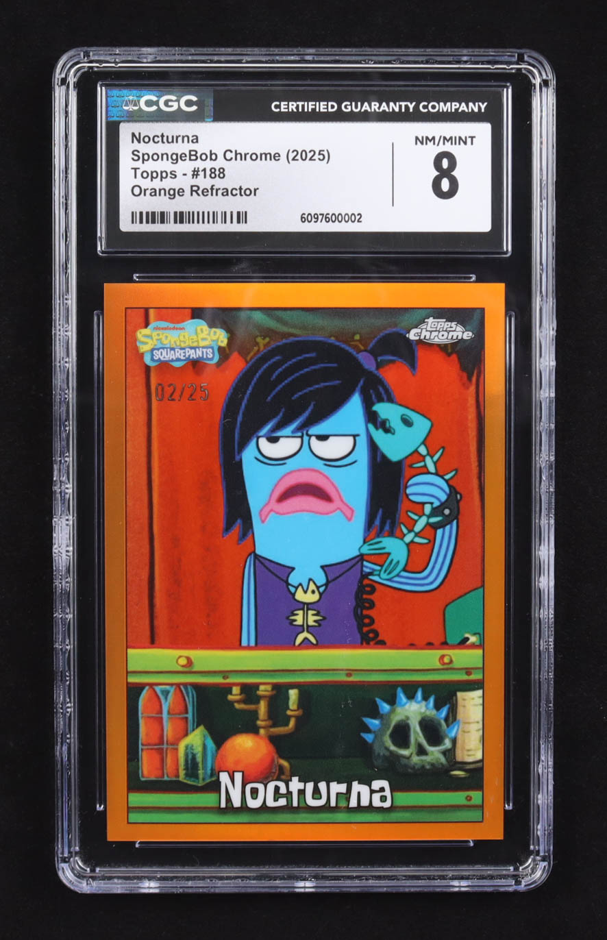 Nocturna 2025 Spongebob Chrome Topps Orange Refractor #188 #02/25 (CGC 8) at PristineAuction.com Nocturna 2025 Spongebob Chrome Topps Orange Refractor #188 #02/25 (CGC 8) at PristineAuction.com