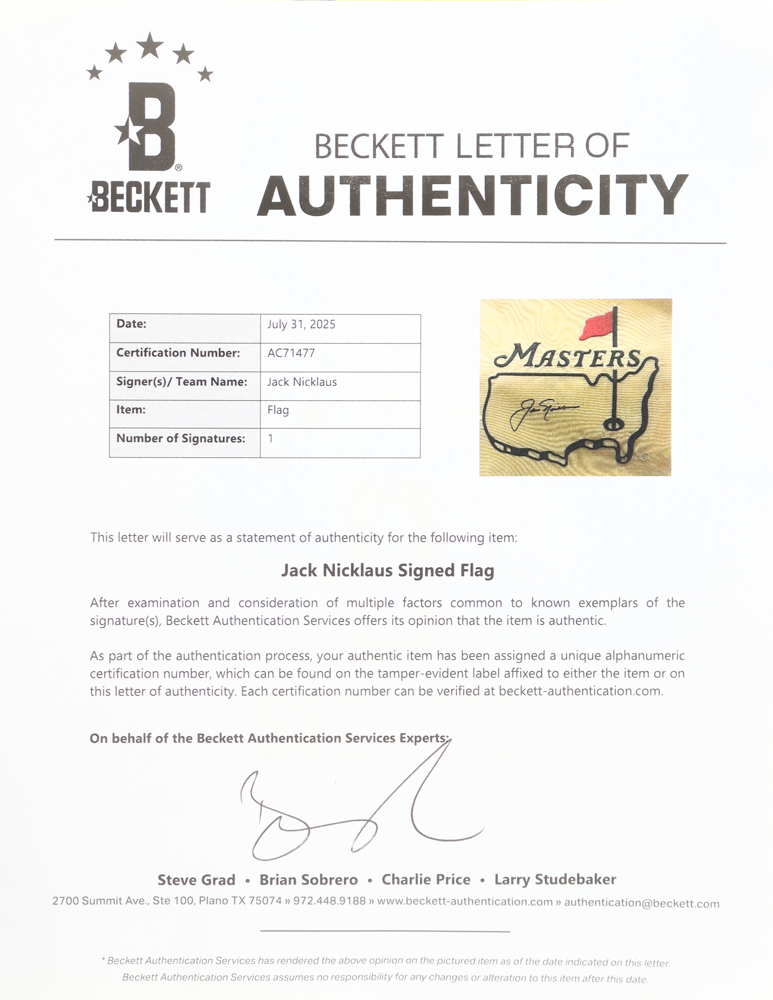 Jack Nicklaus Signed Masters Tournament Pin Flag (Beckett) at PristineAuction.com Jack Nicklaus Signed Masters Tournament Pin Flag (Beckett) at PristineAuction.com