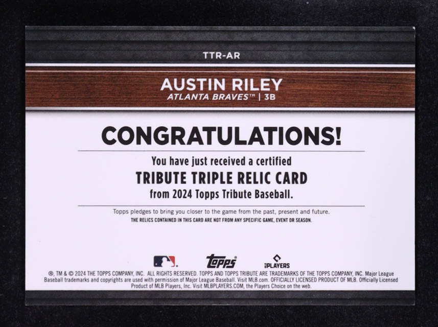 Austin Riley 2024 Topps Tribute Triple Relics #TTRAR #094/199 at PristineAuction.com Austin Riley 2024 Topps Tribute Triple Relics #TTRAR #094/199 at PristineAuction.com