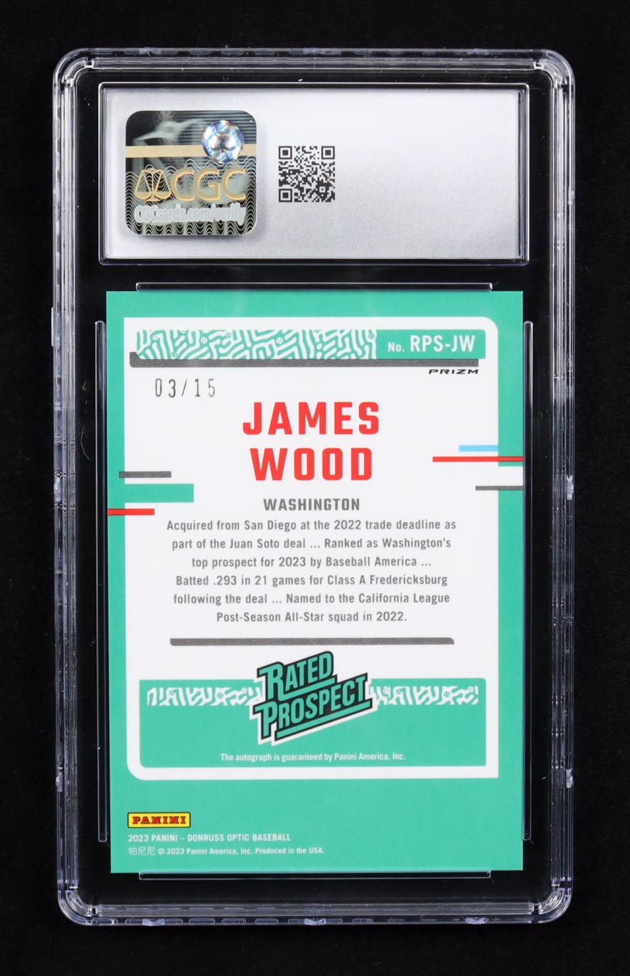 James Wood 2023 Panini Donruss Optic Rated Prospect Signatures Green Stars #RPS-JW RC #03/15 (CGC 9 | Autograph Graded CGC 9) at PristineAuction.com James Wood 2023 Panini Donruss Optic Rated Prospect Signatures Green Stars #RPS-JW RC #03/15 (CGC 9 | Autograph Graded CGC 9) at PristineAuction.com