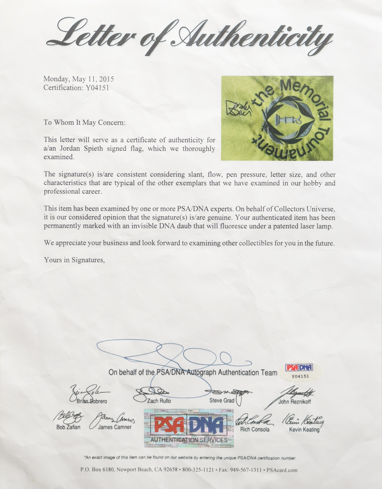 Jordan Spieth Signed Memorial Tournament Pin Flag (PSA) at PristineAuction.com Jordan Spieth Signed Memorial Tournament Pin Flag (PSA) at PristineAuction.com