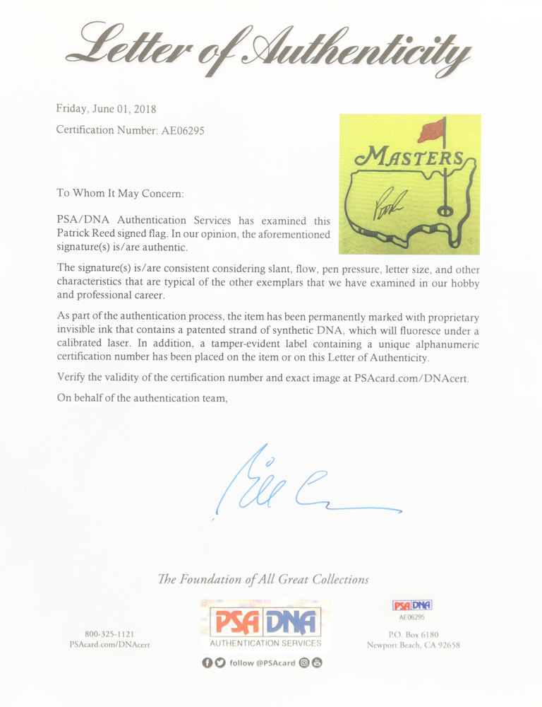 Patrick Reed Signed Masters Tournament Pin Flag (PSA) at PristineAuction.com Patrick Reed Signed Masters Tournament Pin Flag (PSA) at PristineAuction.com