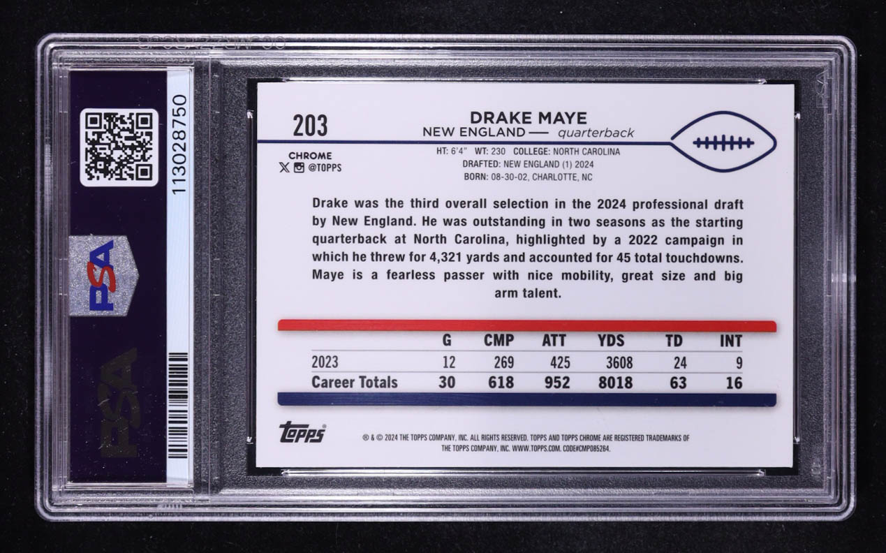 Drake Maye 2024 Topps Chrome #203 RC (PSA 9) at PristineAuction.com Drake Maye 2024 Topps Chrome #203 RC (PSA 9) at PristineAuction.com