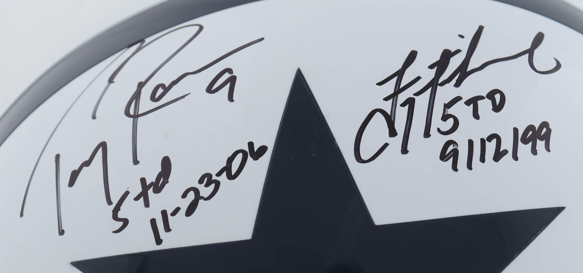 Tony Romo & Troy Aikman Signed Cowboys Full-Size Speed Helmet Inscribed "5 TD 9/12/99" & "5 TD 11-23-06" (Romo & Aikman) at PristineAuction.com Tony Romo & Troy Aikman Signed Cowboys Full-Size Speed Helmet Inscribed "5 TD 9/12/99" & "5 TD 11-23-06" (Romo & Aikman) at PristineAuction.com