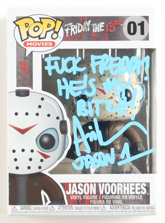 Ari Lehman Signed "Friday the 13th" #01 Jason Voorhees Funko Pop! Vinyl Figure Inscribed "F*** Freddy He's My B****!" & "Jason 1" (JSA) at PristineAuction.com Ari Lehman Signed "Friday the 13th" #01 Jason Voorhees Funko Pop! Vinyl Figure Inscribed "F*** Freddy He's My B****!" & "Jason 1" (JSA) at PristineAuction.com