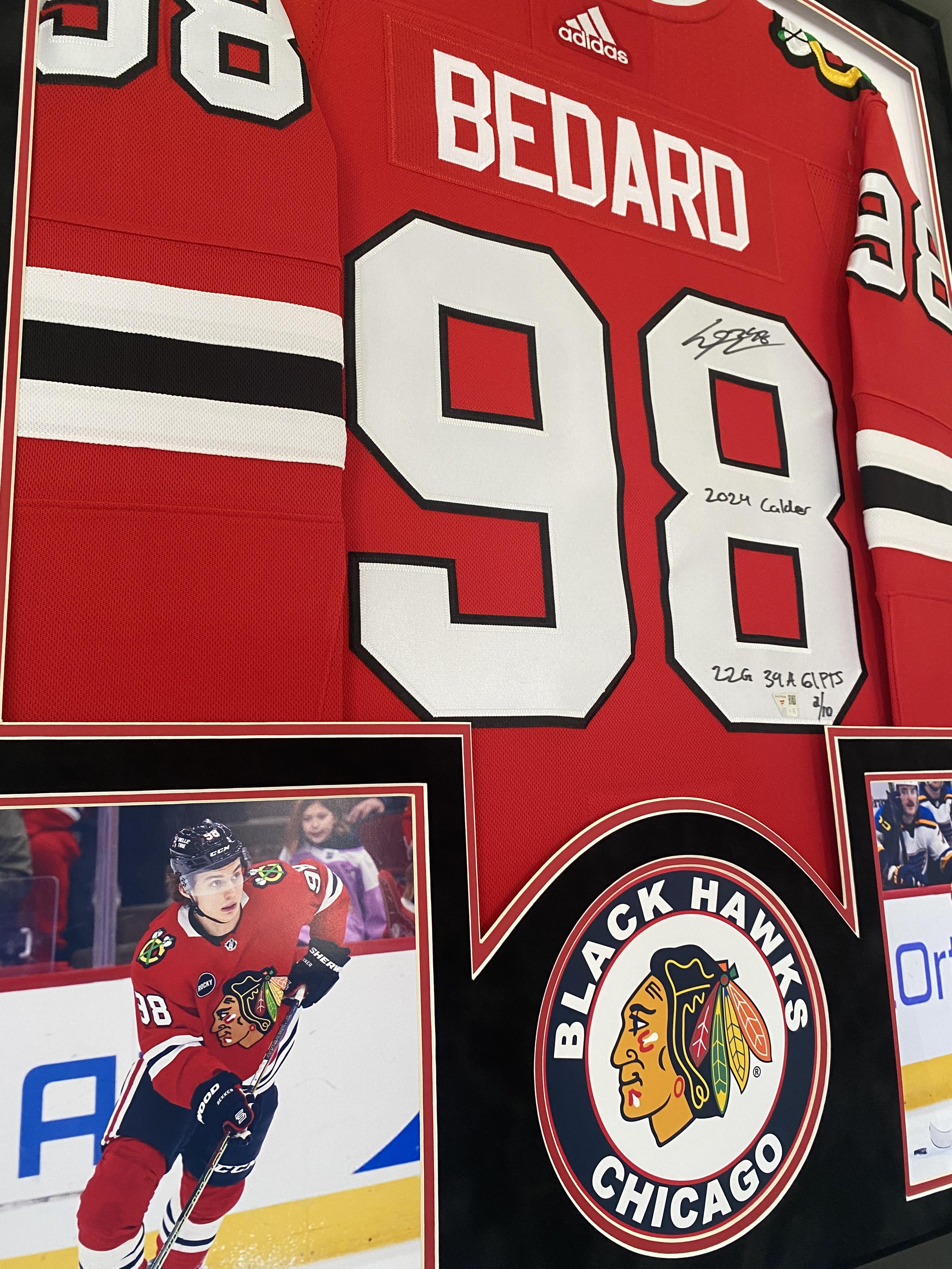 Connor Bedard Signed LE Blackhawks Custom Framed Adidas Authentic Jersey Inscribed "2024 Calder" & "22G 39A 61PTS" (Fanatics) at PristineAuction.com Connor Bedard Signed LE Blackhawks Custom Framed Adidas Authentic Jersey Inscribed "2024 Calder" & "22G 39A 61PTS" (Fanatics) at PristineAuction.com